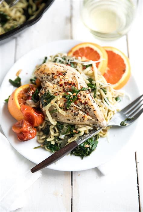 Chicken And Spinach Linguine Skillet With Roasted Cherry Tomatoes The