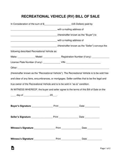 Free Recreational Vehicle Rv Bill Of Sale Form Word Pdf Eforms