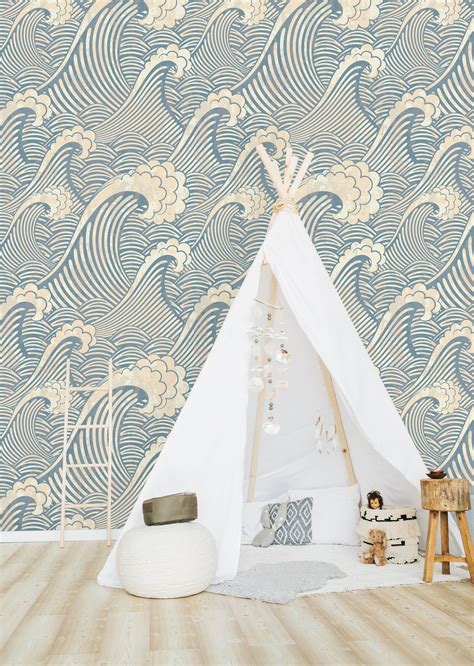 Blue Waves Removable Wallpaper Peel And Stick Wallpaper Wall Etsy