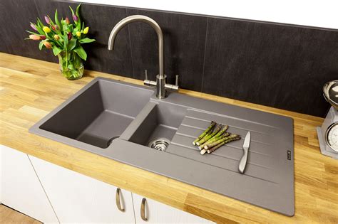 The small but practical vanity features a wide sink set in a marble countertop, as well as a faucet with clean. Reginox Harlem15 Silver Grey Granite 1.5 Bowl Sink with Dr | Composite kitchen sinks, Kitchen ...