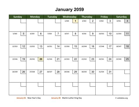 January 2059 Calendar With Day Numbers