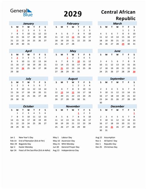 2029 Yearly Calendar For Central African Republic With Holidays