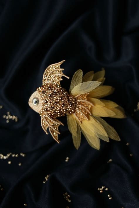Gold Colored Fish Bright Brooch Hand Embroidery Sea Creatures Etsy