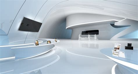 The Interior Of A Futuristic Office With White Walls