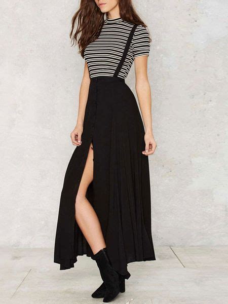 Black Maxi Skirts Split Pleated Long Suspender Skirts Fashion Dresses
