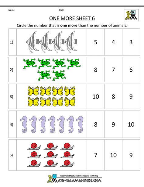 Kindergarten Math Worksheets Printable One More Worksheet Template