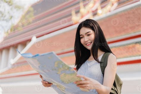Traveler Asian Woman Direction On Location Map In Bangkok Thailand