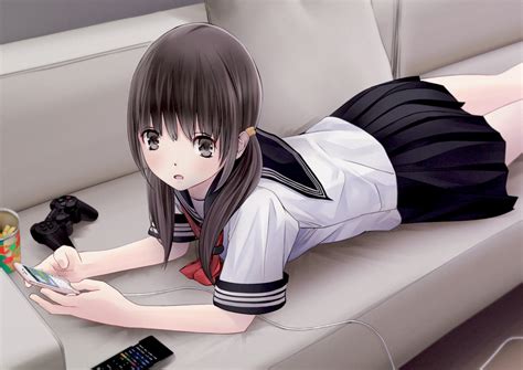 Wallpaper Anime Girls Couch Controllers Cartoon Black Hair Lying Down School Uniform
