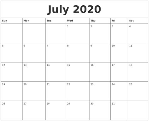 July 2020 Large Print Calendar Example Calendar Printable