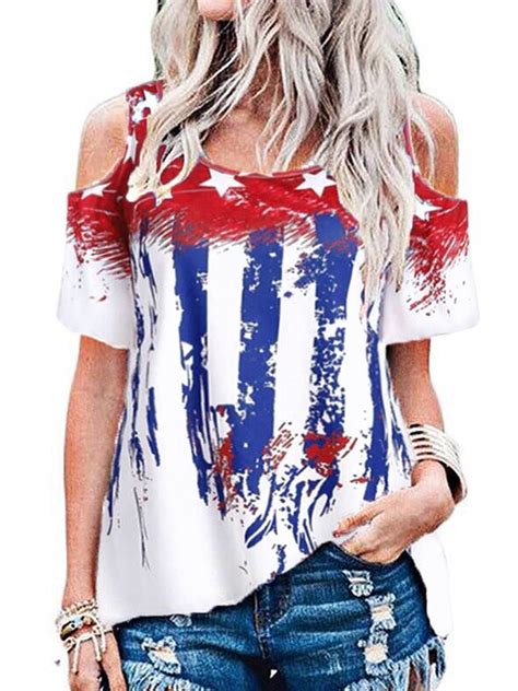 lilylll womens american flag print short sleeve cold shoulder t shirt tops
