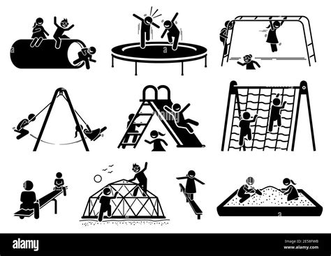 Active Children Playing At Playground Stick Figures Icons Vector