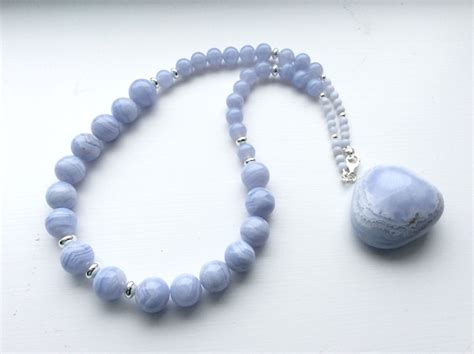Blue Lace Agate And Sterling Silver Gem Bead Necklace Blue Necklace