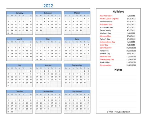 Printable 2022 Calendar With Holidays And Notes