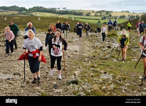 Pilgrims With Walking Sticks Climbing The Foothills Of Croagh Patrick