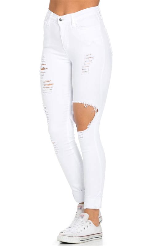 High Waisted Distressed Skinny Jeans In White Plus Sizes Available