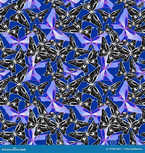 Seamless Pattern Of Purple Black Butterflies On A Blue Background