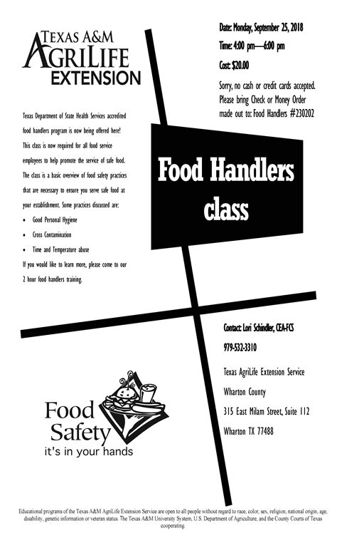Available in english or spanish. Food Handlers Class September 25 | Wharton