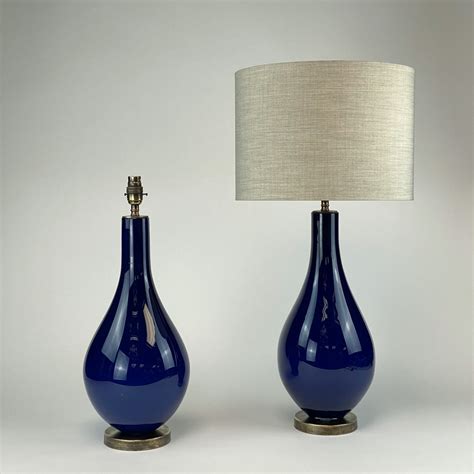 Pair Of Large Dark Blue Teardrop Shaped Glass Lamps On Antique Brass Bases T7024 Tyson