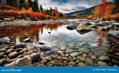 Soothing Autumn Landscapes Captivating River And Mountain Views Stock