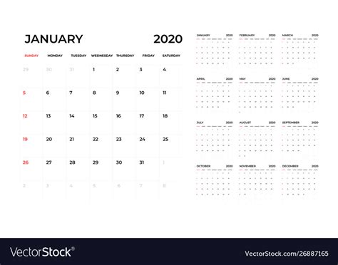 Calendar 2020 Template Calendar Planning Week Vector Image
