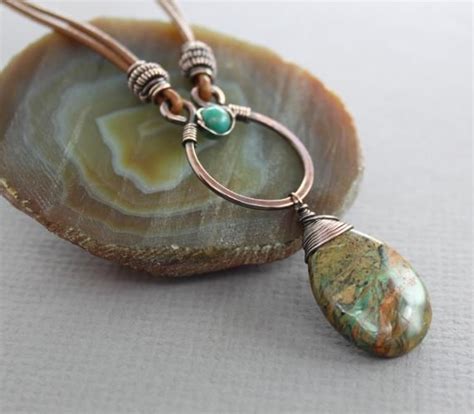 Copper With Leather Necklace With Earthy Turquoise With Hints Of Green