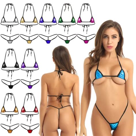 Women Micro Brief G String Metallic Triangle Bra Top Extreme Bikini