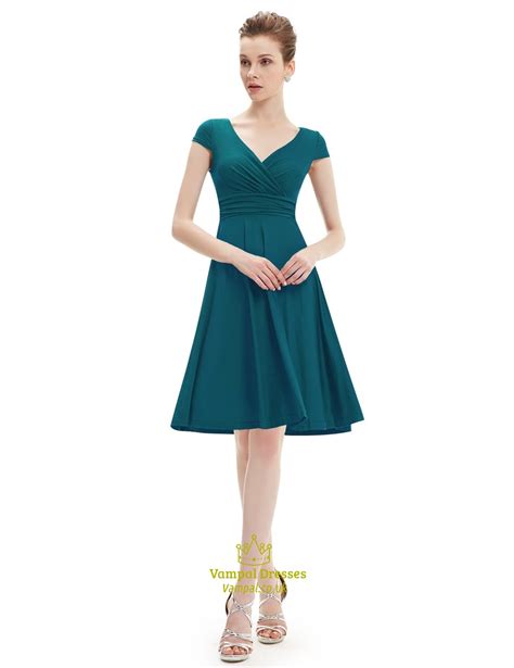Elegant Emerald Green V Neck Ruched Cap Sleeve Summer Casual Dress