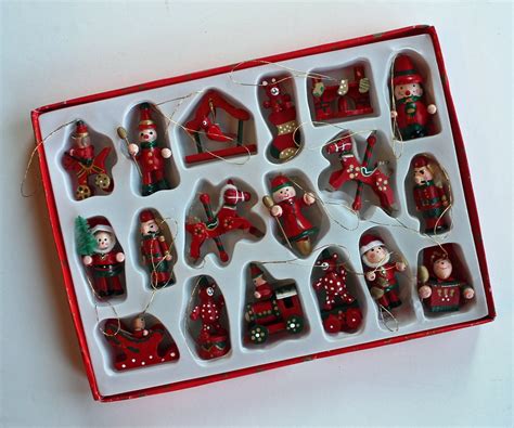 Vintage German Wooden Miniature Christmas Ornaments Set Of 18 Tabletop