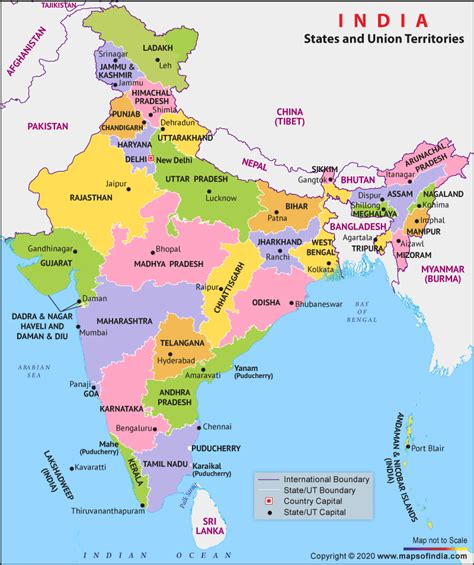 List Of Indian States Union Territories And Capitals In India Map