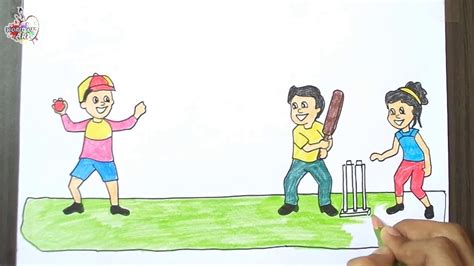How To Draw Kids Playing Cricket Match Scenery Drawing Youtube