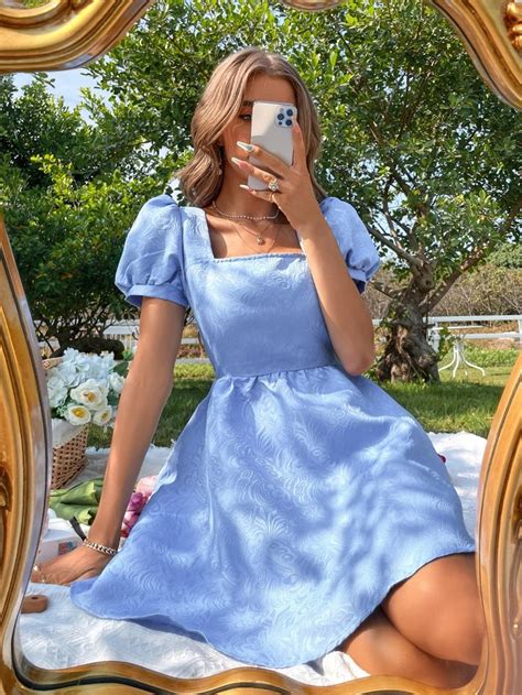 Floral Jacquard Tie Back Puff Sleeve Dress Blue Dress Short Fancy Summer Dress Blue Dress
