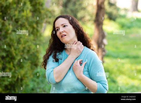 Woman Suffering Itching Scratching Neck Because It Hurts As A Result Of