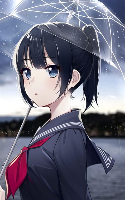 1600x2560 Anime Girl Transparent Umbrella School Girl Ponytail Hd