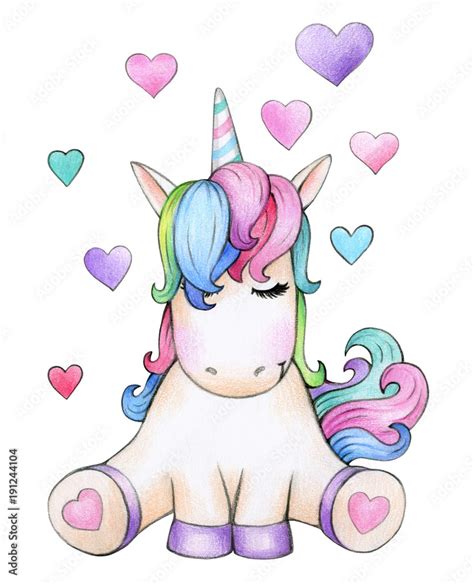 Cute Sitting Unicorn Cartoon With Hearts Isolated On White Stock