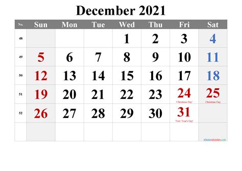 December 2021 Printable Calendar With Holidays 6 Templates