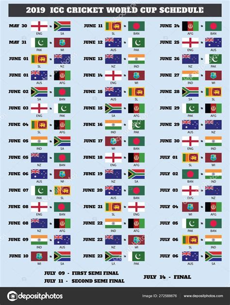 Icc Cricket World Cup 2019 Schedule Icc Cricket World Cup Stock Vector