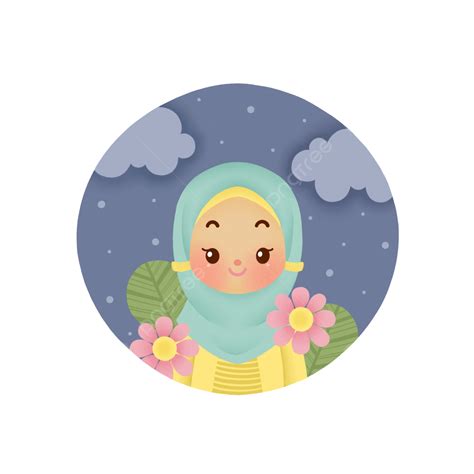 Cute Cartoon Muslimah With Floral Theme Cute Cartoon Muslimah Cute Cartoon Muslim Girl Wearing