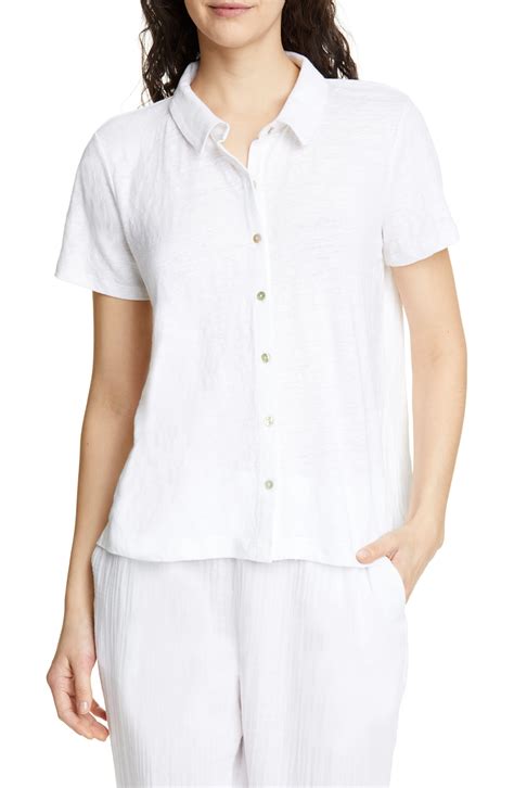 Eileen Fisher Short Sleeve Organic Linen Button Up Blouse In White Lyst