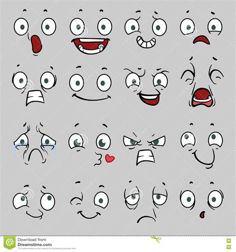 Comic Cartoon Faces With Different Emotions Vector Illustration Stock