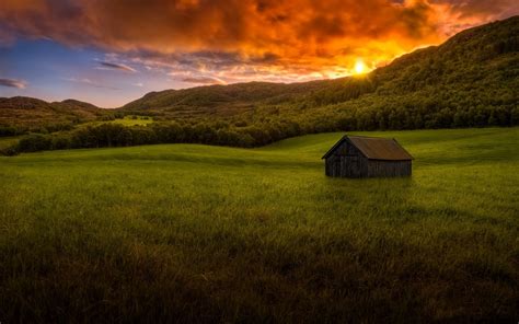 Landscape Nature Sunset Mountain Forest Grass Hut Clouds Colorful Sky Summer