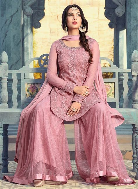 Rose Pink Embroidered Georgette Palazzo Suit Partywear Pakistani Dress Design Indian Bridal