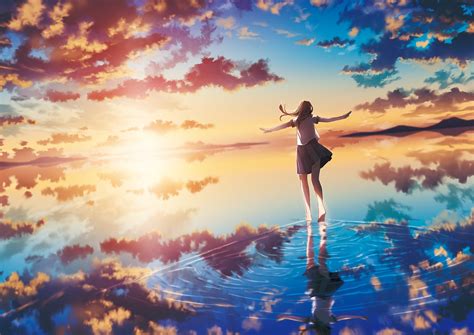 Wallpaper Sunlight Sunset Sea Anime Girls Reflection Sky Clouds