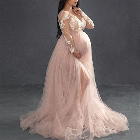 Maternity Elegant V Neck Stitching Mesh Gown Pink Dress In 2021 Elegant Maternity