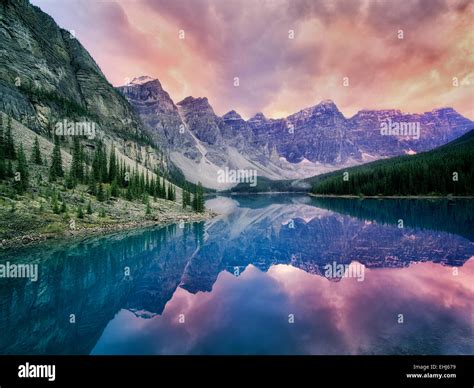 Moraine Lake With Sunset Clouds Banff National Park Canada Stock