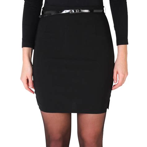 Womens Ladies Simple Short Black Bodycon Pencil Skirt Belted Stretch