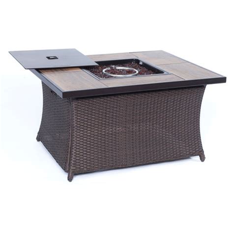 Hanover Woven 40000 Btu Fire Pit Coffee Table With Woodgrain Tile Top