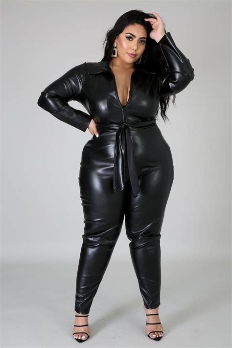 Plus Size Faux Leather Catsuit Black Leather Outfits Women Fashion Curvy Outfits