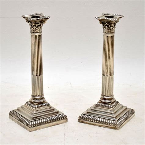 Pair Of Antique Edwardian Solid Silver Corinthian Column Candlesticks