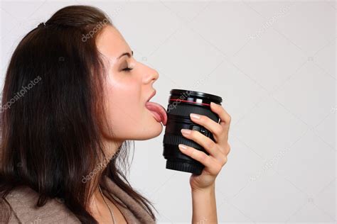 Close Up Portrait Of A Woman Licking Objective — Stock