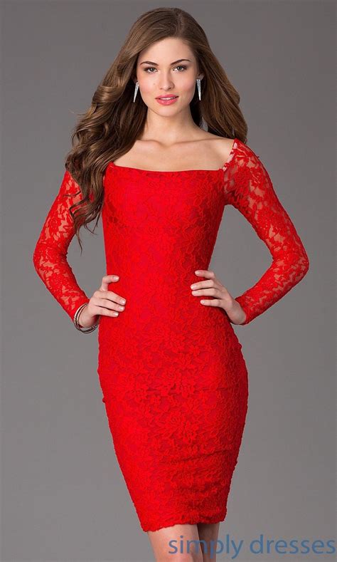 Amazing Red Knee Length Long Sleeve Lace Dress Cocktail Party Dress